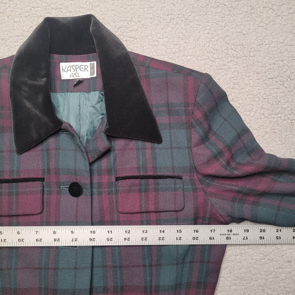 Vintage Kasper Dress 6 Purple Green Plaid Button Down Dark Academia Tailored - Picture 9 of 11